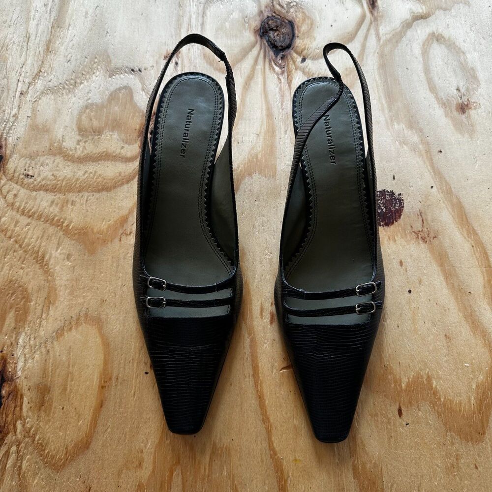 Naturalizer Black Lizard Embossed Slingback Kitten Heels - 11M